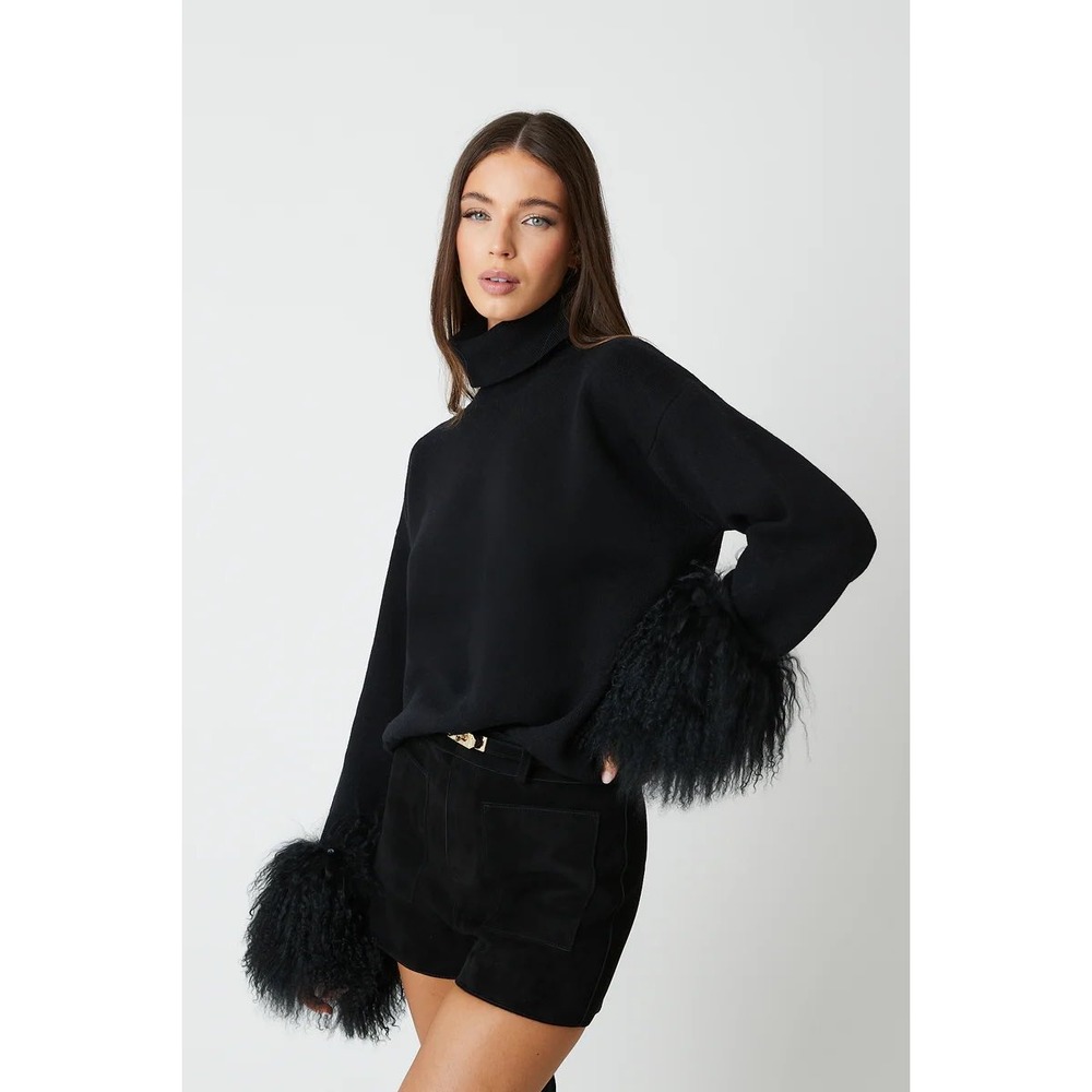 Twenty Fall Black Sweater NWT Jumper Mongolian Fur Cuffs One Size Luxury Wool
